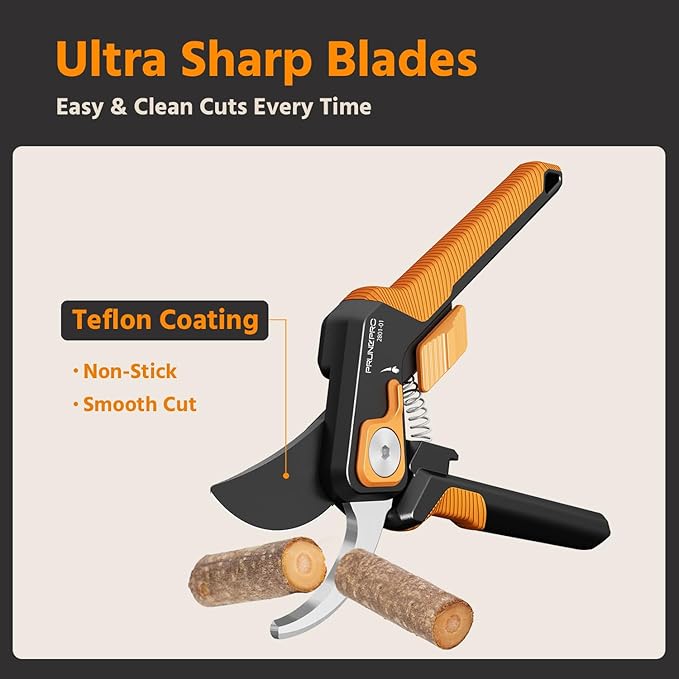 PrunePro Pruning Shears Gardening Scissors Set Professional Hand Pruner Sharp Stainless Steel Blade Teflon Coating Garden Scissors Plant Flower Garden Clipper Orange