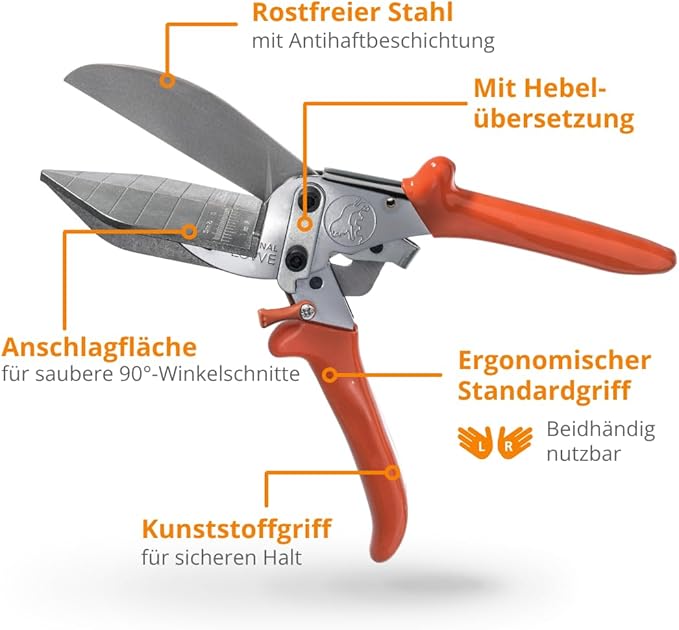 Original LÖWE Professional 3.306/HÜ Shears with Lever Transmission 90 Degree Stops and Extra Long Blade for Precise Cutting on Hard and Flat Plastic, PVC, Wood Metal