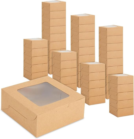 Juvale Cookie Boxes with Window - 50-Pack 6x6x2.5 in, Brown Paperboard - Bakery Boxes for Cookies, Cupcakes & Muffins