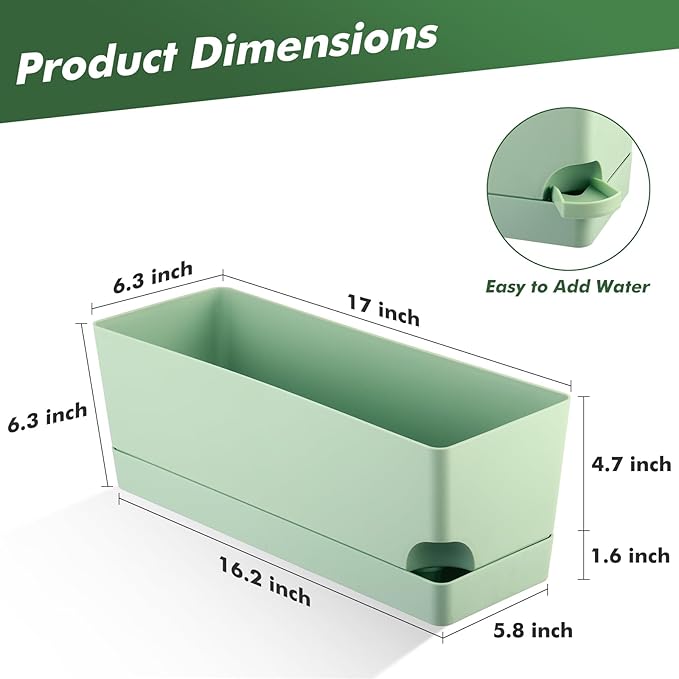 2 Pack Self Watering Pots for Indoor Plants 17 Inches Window Boxes Planters Rectangular Flower Pots Rectangle Herb Pots Large Plant Pots with Drainage Holes and Saucers Windowsill Planter, Green
