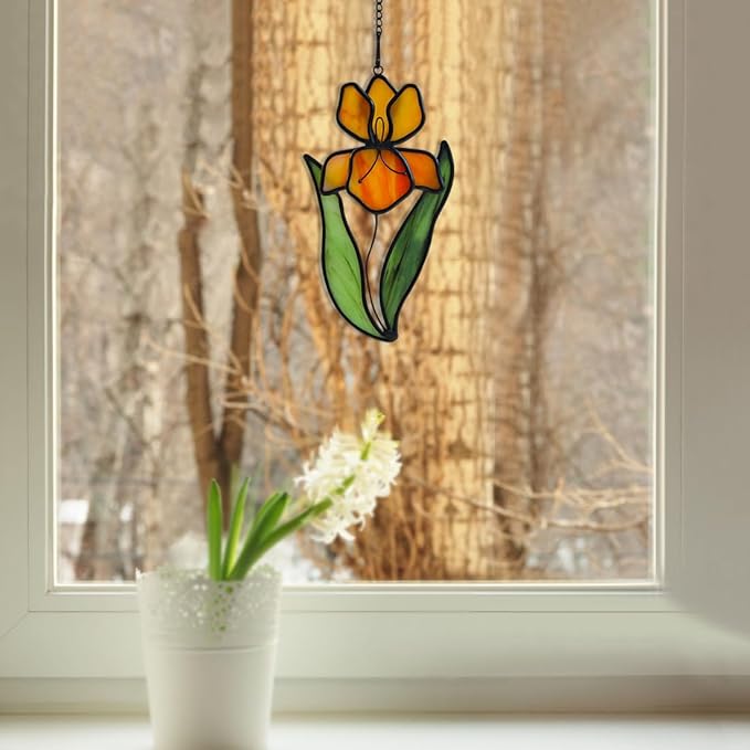 Iris Flower Stained Glass Suncatcher for Window, Stained Glass Window Hangings,Flower Teacher Gifts for Women Mom, Celebration Gift,Christmas Wedding Birthday Gifts