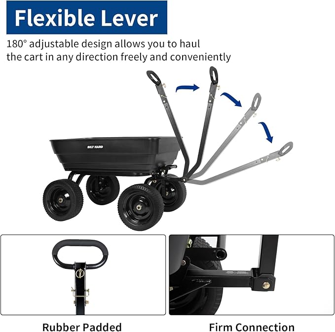 BILT HARD 7 Cu Ft Poly Garden Dump Cart 1200 lbs with No Flat Tires, Quick Release, 2-in-1 Convertible Handle, Dump Wagon Heavy Duty for Yard, Outdoor