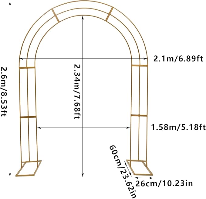 Wedding Arch Stand Gold Metal Backdrop Balloon Archway Decoration Stand 6.9 * 8.5FT Indoor Outdoor Party Ceremony Arches Frame Climbing Flower Plant Garden Arbor