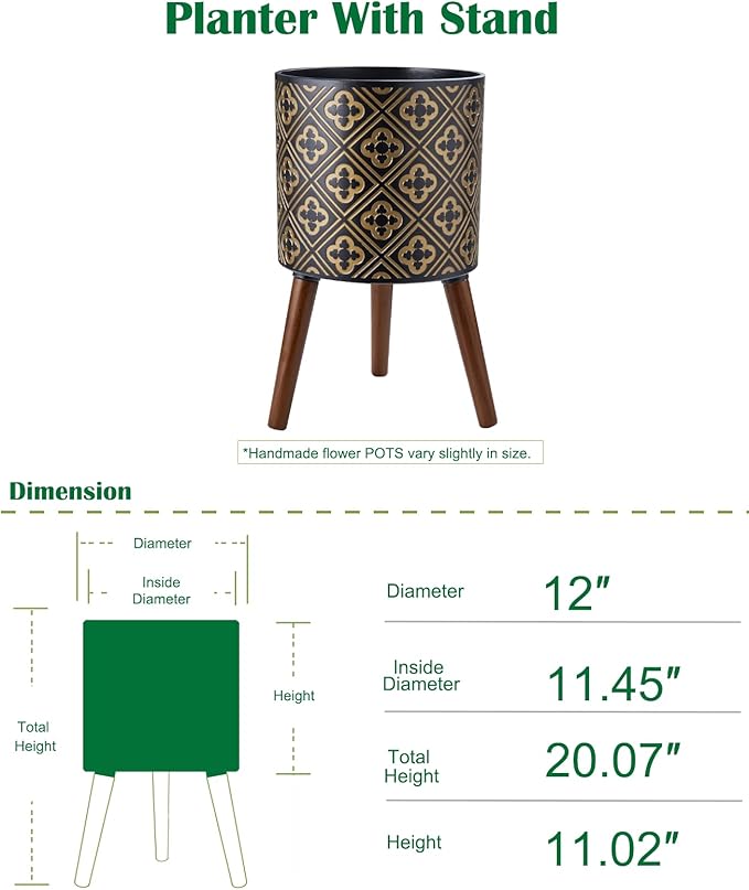 nacltlo12 Inch Plant with Stand Planter for Indoor Plants Large Modern Mid-Century Plant Pots Indoor Outdoor with Drainage for Home Garden Patio,Black and Gold