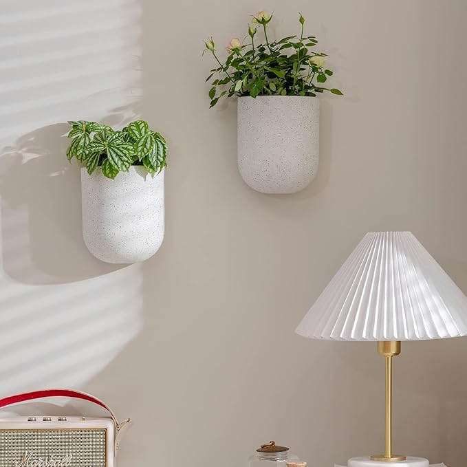LA Jolie Muse Wall Hanging Planters for Indoor Plants，Hanging Flower Pots for Air Plants Succulent, Set of 2, 5.7L*4.1W*7H, Speckled White