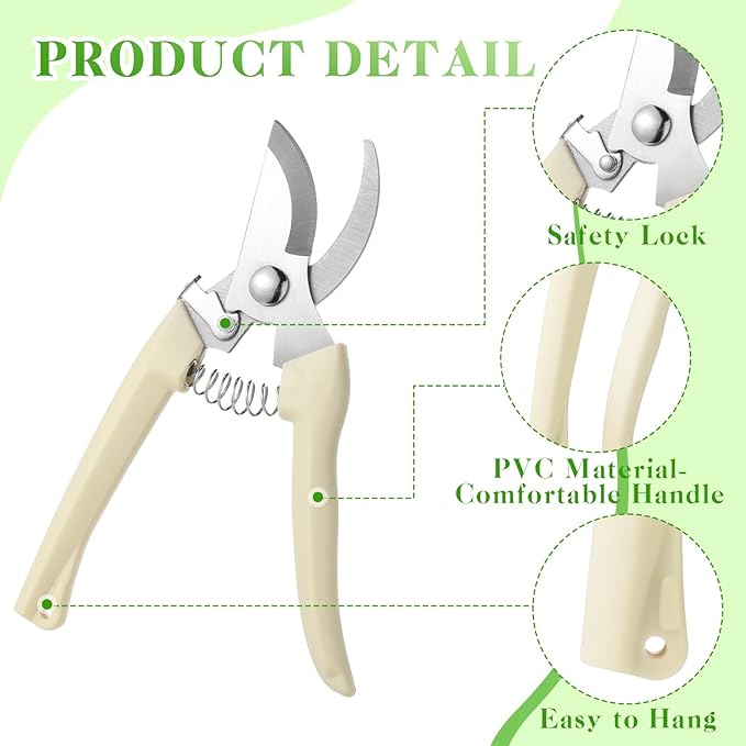 Therwen 12 Pcs Garden Shears Flower Scissors Pruning Shears Floral Garden Clippers Hand Pruners Branch Cutter Gardening Tools for Plants Cutting, Trimming, Fruits Picking (Beige,Bypass)
