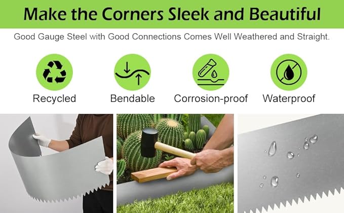 Landscape Edging Kit, 13 INCH 6 PCS Galvanized Steel Edging Landscape Lawn Edging Powder for Lawn Yard, Coated Bendable Metal Strips, No-Dig Hammer-in Edging Border w/ 7Clips