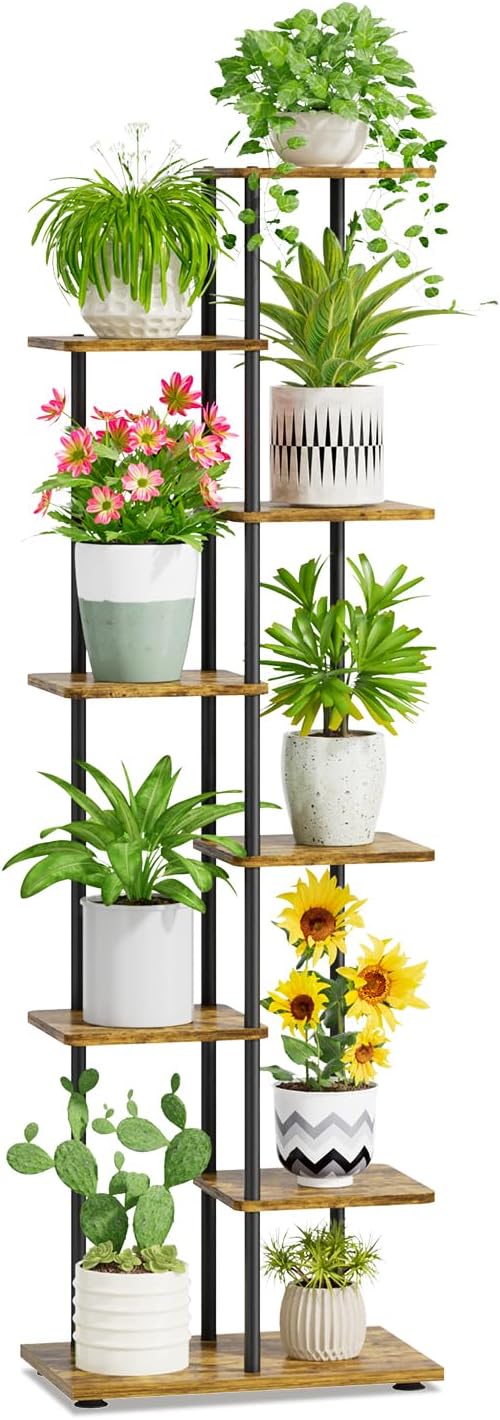iDavosic.ly 7 Tier Tall Plant Stand Indoor, Tiered Corner Metal Wood Multiple Flower Holder Shelf, 58 Inch Orchid Display Rack for Patio Porch Living Room Balcony Outdoor, Modern Black & Rustic Brown