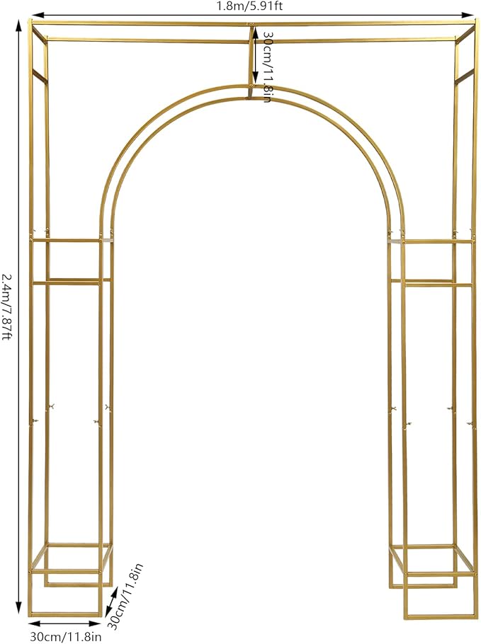 7.87ft Tall Double Arch Wedding Backdrop Stand, Gold Metal Open Arch Backdrop, Frame Square Shaped Wedding Arches for Ceremony Baby Shower Garden Birthday Party