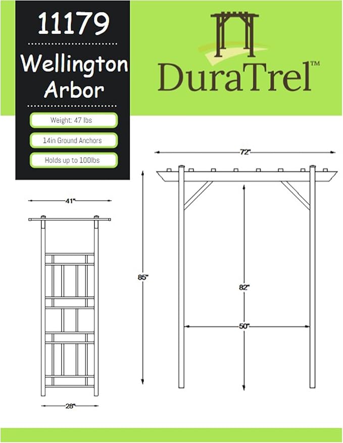 Dura-Trel Wellington Arbor, Vinyl Garden Archway for Outdoors, White, 72" x 85" - Backyard Decorative Arch for Pathways & Entrances w/ Trellis Sides for Climbing Plants, Vines & Flowers