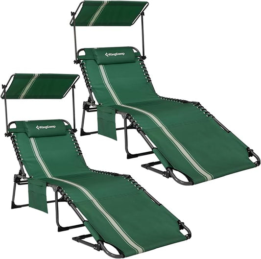 KingCamp 2 Pack Lounge Chair Outdoor with Canopy & Face Hole, Adjustable 5-Position Folding Chaise Tanning Recliner Portable Comfy Chaiser for Camping Outside Patio Pool Beach, Green/White