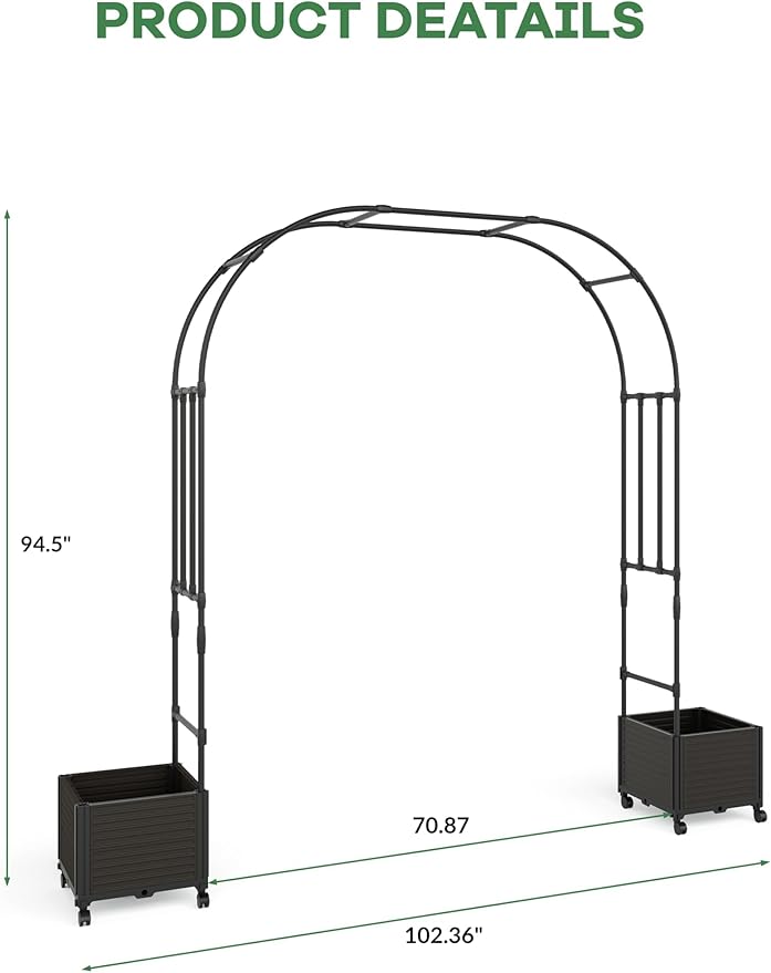 94.5 Inch Garden Arch Trellis with 2 Planter Boxes for Climbing Plants, PE Coated Metal Wedding Arch Arbor with Planter Box for Outdoor Decor, Party Backdrop & Flower Support