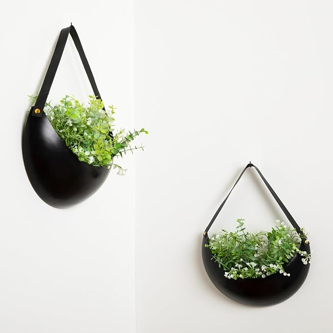 Set of 2 Black Metal Wall Planters - 12" Crescent Hanging Pots with Faux Leather Straps - Indoor Outdoor Decor for Succulents & Air Plants - Unique Plant Gift and Modern Minimalist Home Decor