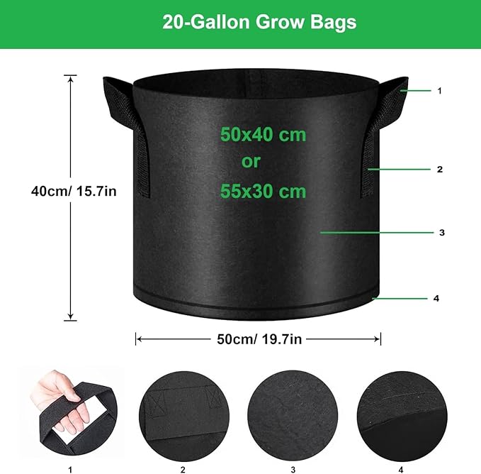 20-Gallon Grow Bags, (10 Pack) Thickened Aeration Fabric Growing Pots Planters with Handles for Planting Vegetables Plants, Black