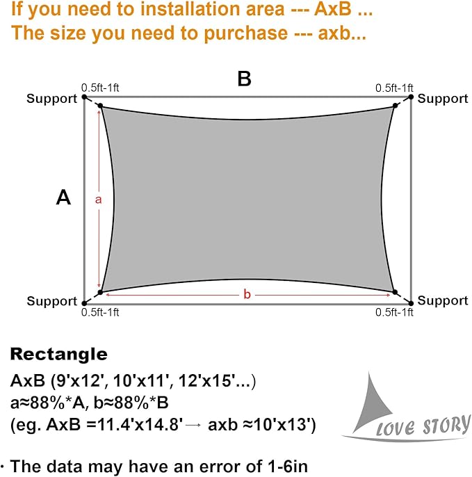 LOVE STORY Custom Size 7'x15' Graphite Grey Sun Shade Sail Rectangle UV Block Canopy Patio Sail Sunshades Fabric for Outdoor Garden Carport (We Make Custom Size)