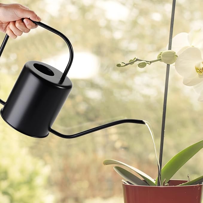 Fasmov 51 Oz Stainless Steel Watering Can Modern Style Watering Pot, Watering Can with Long Spout for Easy Pour, Water Outdoor Garden, Indoor Plant (Black)