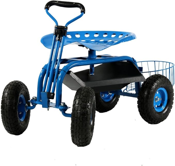 Sunnydaze Garden Cart with Wheels - Garden Stool on Wheels - Rolling Gardening Seat with Extendable Handle - Swivel Seat - Blue