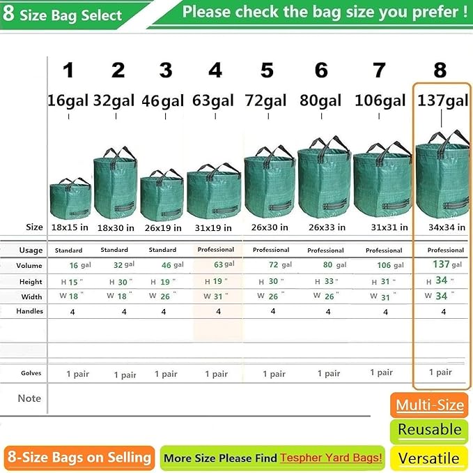 Professional 2-Pack 137 Gallon Lawn Garden Bags Large (D34,H34 inch) Yard Waste Bags with Gardening Gloves, Big Leaf Bag,Yard Debris,Waste Container,Lawn Trash Bin,Grass Clippings,Weeds Bags 4 Handles