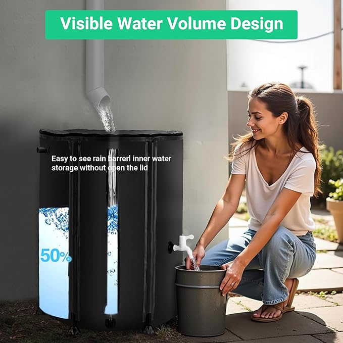 50 Gallon / 200L Collapsible Rain Barrel, Foldable PVC Rain Barrels to Collect Rainwater from Gutter, Portable Water Storage Tank Container with Hose Spigot, Water Catcher Collector Black