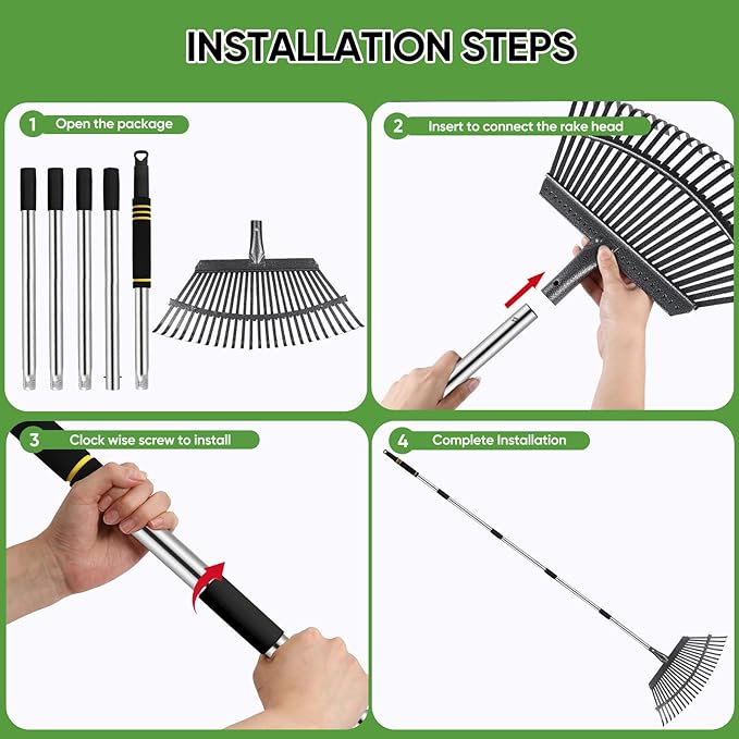 Rake Heavy Duty 6FT Long Garden Rake , 18.5 Inch Wide, 25 Metal Tines, Adjustable Stainless Steel Handle, Leaf Rakes for Leaves, Yards, Grass, Garbage, Weeds, Debris (Black)