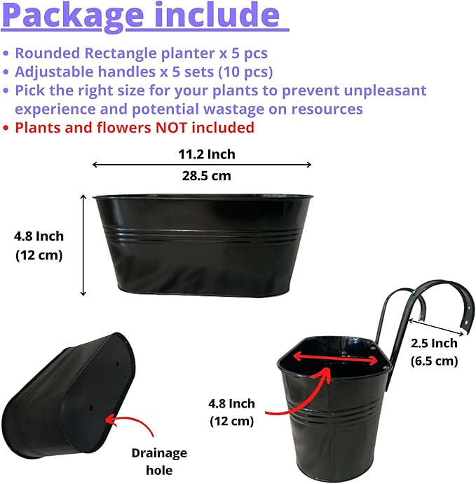 LaLaGreen Outdoor Plants Rail Planter (11.2 Inch, 5 Pack) Black Metal Iron Hanging Flower Pots Deck Railings Fence Buckets Modern Boho Style Wall Mount Window Box Plant Holder Hooks Porch Home Decor