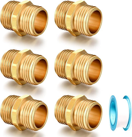 Garden Hose Connector Adapter,3/4" GHT Double male Connectors, Brass Repair Fittings with Dual for Male to Male Adapter (6 Pack)