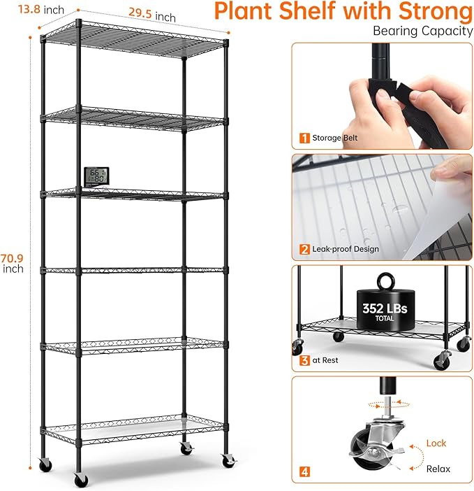 Bstrip Indoor Greenhouse with Grow Light, DIY Plant Shelf with Cover, 6 Tier Plant Stand, 5 Pack 150W Full Spectrum Grow Lights with 3 Color Mode For Indoor Plants, Seed Starting, 29.5"L×13.8"W×71"H