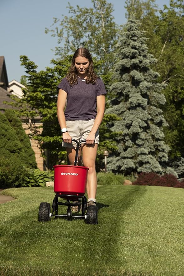 EarthWay 2600A-PLUS Spreader Lawn Aerator & Fertilizer Spreader, 40lb Hopper Capacity, Red, Durable, All Terrain Pneumatic Tires, Rust-Proof Polypropylene, Epoxy Coated Steel Frame
