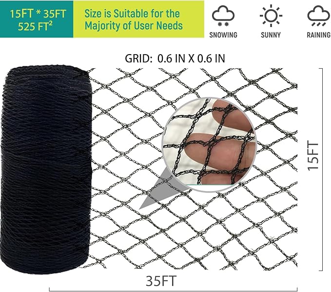 Bird Netting Poultry Chicken Coop - 15FT*35FT Heavy Duty Garden Net 0.6” Mesh for Blueberry Bushes Fruit Tree Roof Hawk Proof