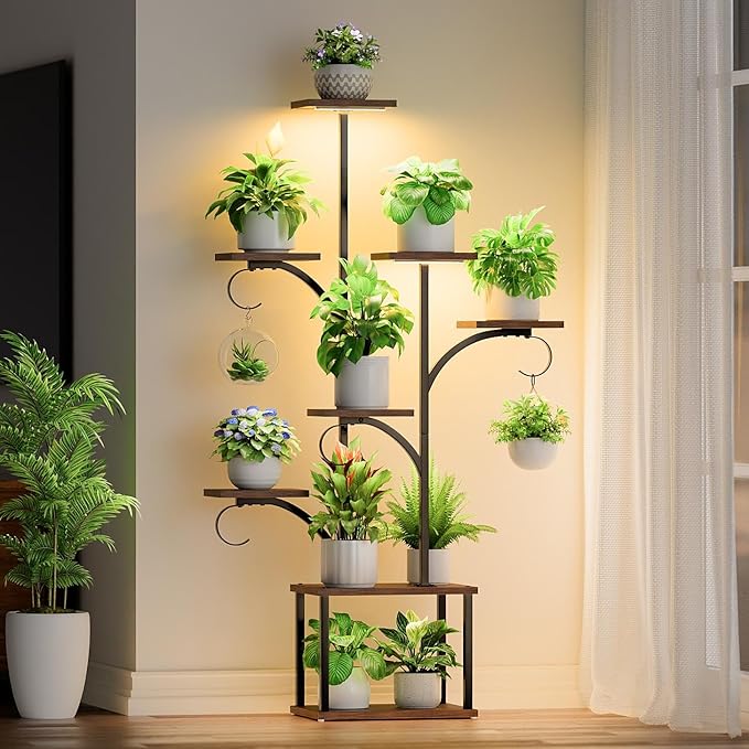 Plant Stand with Grow Lights, 59" Tall 8-Tier Tree-Shaped Metal Indoor lighted Plant Shelf Corner Display Rack with Hanging Hooks for Multiple Plants, Wooden Flower Holder for Balcony Patio home Decor
