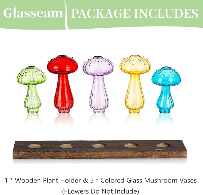 Glasseam Mushroom Plant Propagation Station: Cute Glass Terrarium Jar with Wooden Stand Unqiue Planters for Indoor Plants Hydroponic Glass Bud Flower Vase for Home Office Decor for Women