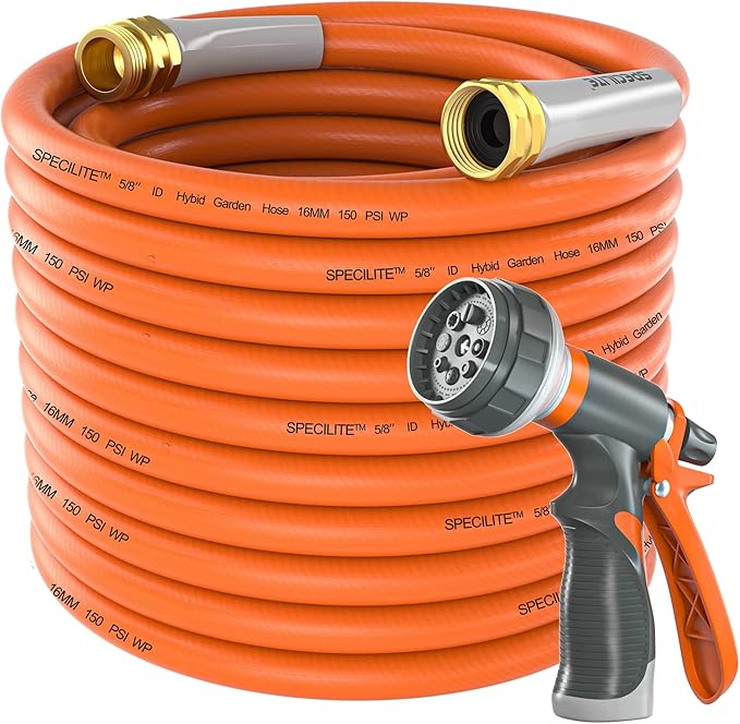 SPECILITE Garden Water Hose 75 ft x 5/8 in Heavy Duty, Flexible and Lightweight, Burst 600 psi, Kink-less Hybrid Rubber Pipe for Backyard, 3/4'' Brass Fittings, Orange