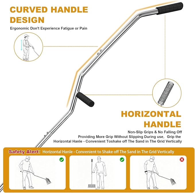 Sea Flea Rake for Beach - Premium 304 Stainless Steel Sand Crab Catcher, Beach Sifter 52’’ Long Handle w Ergonomic Curved Design, Large Basket w Curved Teeth, Sand Sifter for Shark Teeth, Shells
