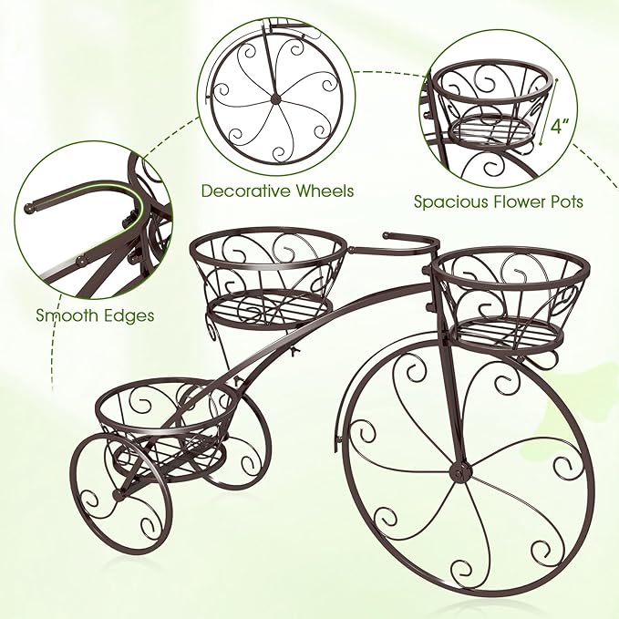 Tricycle Plant Stand, 3-Tier Metal Plant Stand Bicycle Flower Pot Cart with Hollowed Baskets, Planter Potted Holder for Patio, Garden, Deck, Lawn (Bronze)