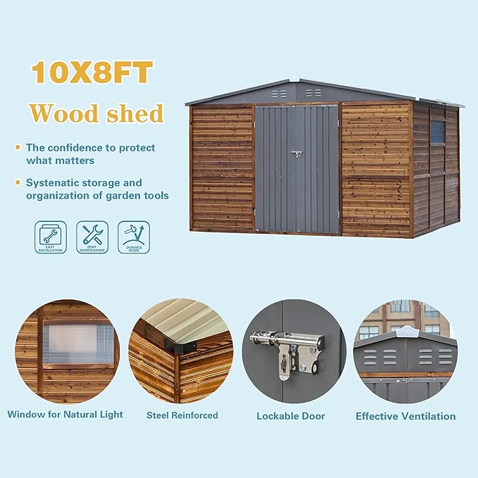 8x10 FT Outdoor Wood Storage Shed, Garden Tool Shed with Windows, Outside Storage Shed Waterproof for Backyard, Patio, Garden, 4 Vents (Without Floor) Wood Color