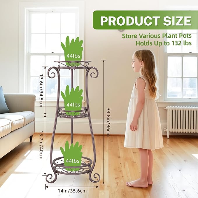 iDavosic.ly 3 Tier Metal Plant Stand Indoor Outdoor, Wrought Iron Corner Tall Flower Pot Holder Shelf, 34 Inch Vertical Heavy Duty Display Rack for Patio Porch Living Room Garden, Bronze