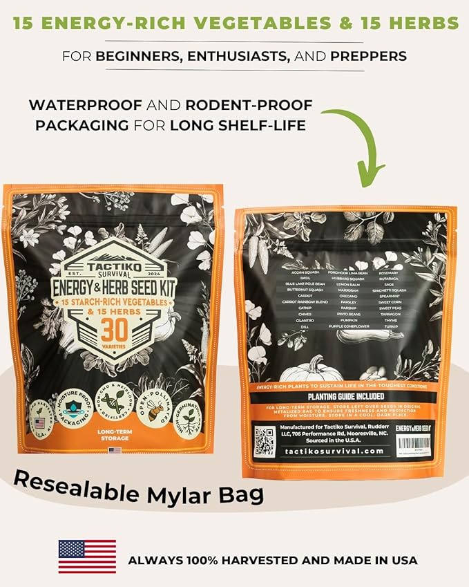 Tactiko Survival Ultimate Energy Seed Kit - 30 Calorie-Dense Veggies & Popular Herbs - USA-Grown Non-GMO Heirloom Seeds - Mylar-Bag for Long-Term Storage, Emergency Food Supply Gardening
