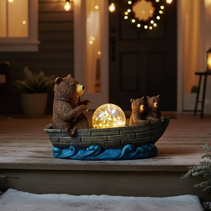 Solar Bears Boating Statue with Ball Light 5" Resin Bear Figurines Waterproof Bear Decorations for Home Yard Patio Porch Balcony Best Garden Gifts for Women Mothers Grandmothers Sisters