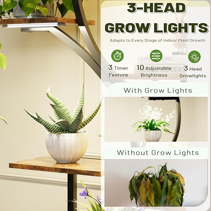 Plant Stand Indoor with Grow Lights, 2 Pack 62" Tall Corner Plant Shelf with Hook for Plants Multiple, Tree-Shaped Tiered Metal Plant Flower Holder with Adjustable Brightness & Timer for Home, Patio