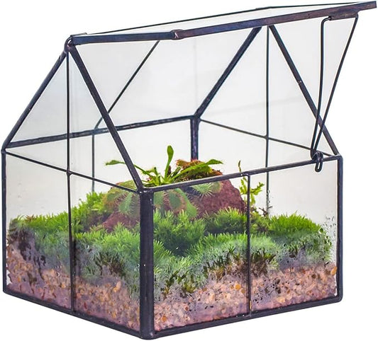 NCYP Mini Glass Geometric Terrarium with Lid - 4.25" x 4.25" x 4.92" Small House Shape Close Planter Pot for Succulents Plant - Handmade, Home Garden Office Tabletop Decor, Black (Terrarium Only)