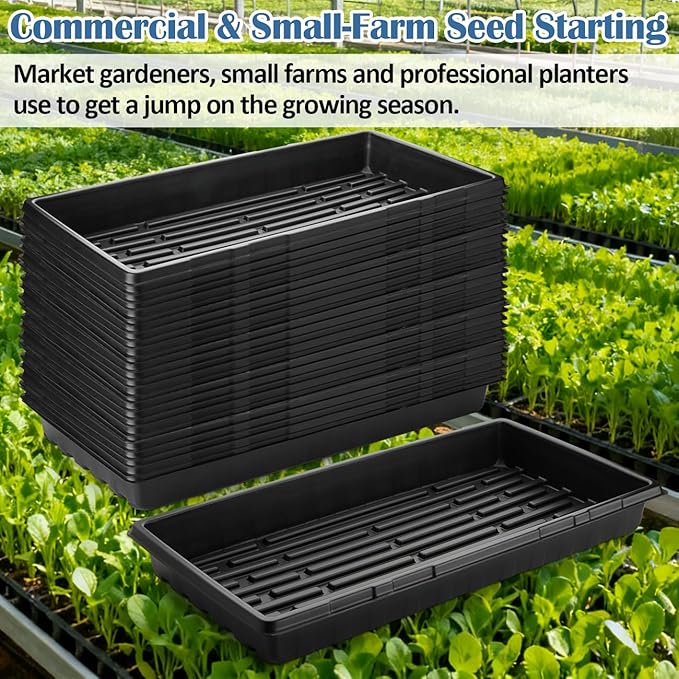 50-Pack Heavy-Duty 1020 Seed Starter Trays, Extra-Thick Plastic Planting Flats for Seed Germination, Microgreens & Seedlings – 21"x11" No-Hole Plant Trays Compatible with 72/128 Plug Inserts