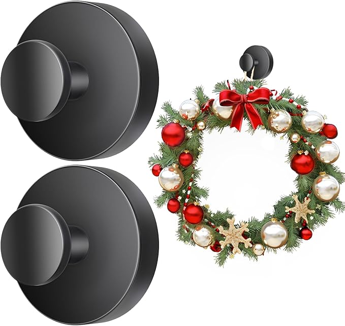 Suction Cup Hooks for Wreaths on Glass. 2026 Upgraded Drill-Free Suction Cup Hooks for Shower, Mirror, Wall, Hanging Towels (Black, 2 Pieces)