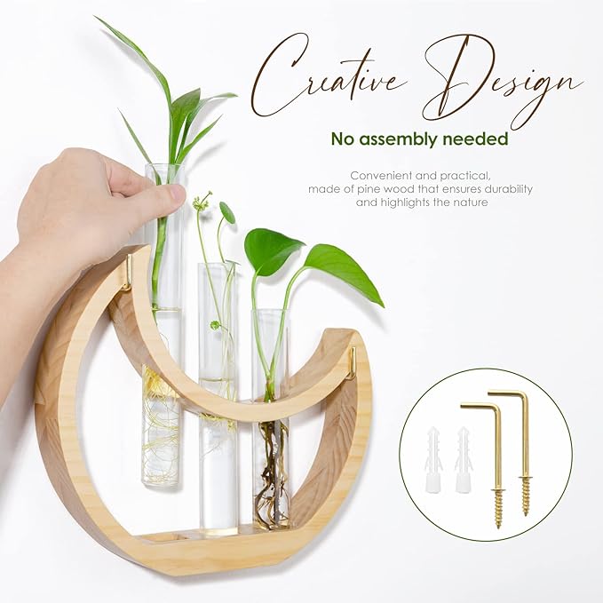 Plant Propagation stations, Crescent Moon Table Terrarium Stand for Indoor houseplants, Wooden Wall Boho Hanging Planter Vase with Glass Test Tube for Office Decor Aesthetic, Gift for Women Mom