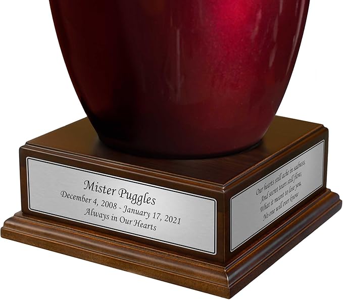 Personalized Cremation Urn Pedestal with Silver Name Plate - Includes Custom Engraving - Polished Walnut Wood Finish