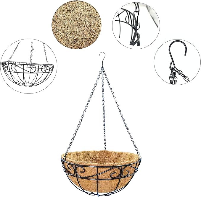 Hanging Planters for Outdoor Plants 4 Pack 14 inch Metal Hanging Flower Basket with Coco Coir Liner Wire Plant Holder Watering Flower Baskets Pot Hanger Garden Decoration for Indoor Outdoor(HBL)