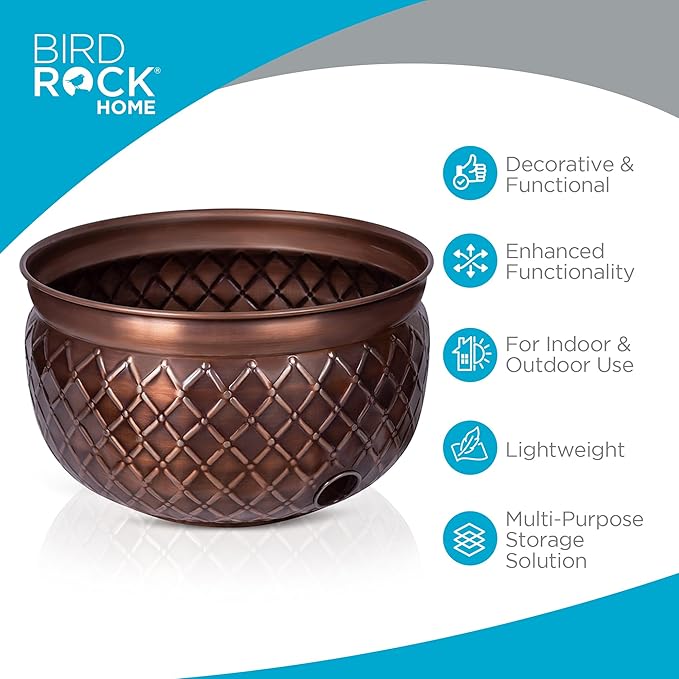 BIRDROCK HOME Water Hose Holder - Decorative Metal Pot, Indoor or Outdoor, Garden Storage Organizer, Patio Portable Bucket - Embossed Steel w/Copper Accents, Holds up to 100ft Hoses