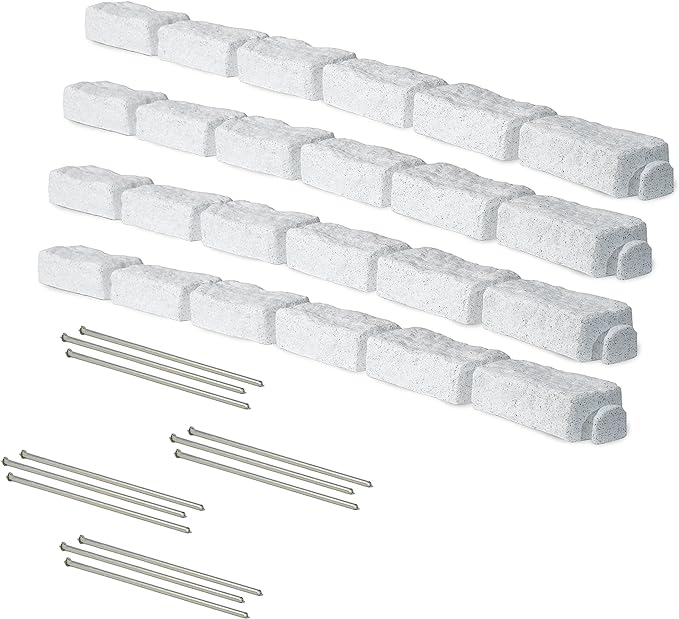 Beuta DIY No Dig Faux Stone Landscape Edging w/Anchoring Spikes, Flexible Brick-Sized Border for Driveways Yards Trees or Gardens, Each 6-Brick Section 48" L x 4" W x 2.25" H (4, Limewash)