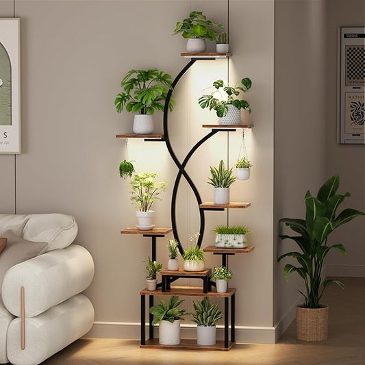 DTK Plant Stand Indoor with Grow Lights,62.5" Tall Plant Light Shelf, 9 Tiered Grow Light Shelf for Indoor Plants, Large S-Shape Corner Plant Shelf, Flower Display Holder for Living Room, Bedroom,Patio Decor