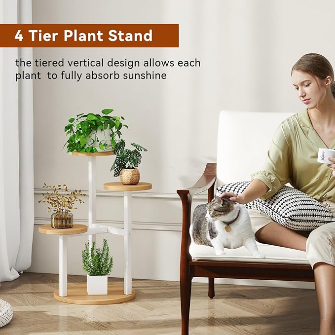 IBUYKE 4 Tier Plant Stand Indoor, Metal Wood Plant Shelf for Multiple Plants, Small Tiered Corner Flower Pot Stand for Living Room Patio Balcony Garden, White TMJ073R