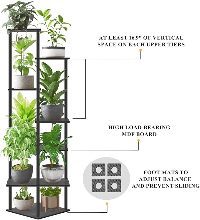 Tall Plant Stand Indoor, 7-Tier Modern Plant Shelf for Multiple Plants, Wood Metal Flower Holder for Living Room Balcony Bedroom, Black